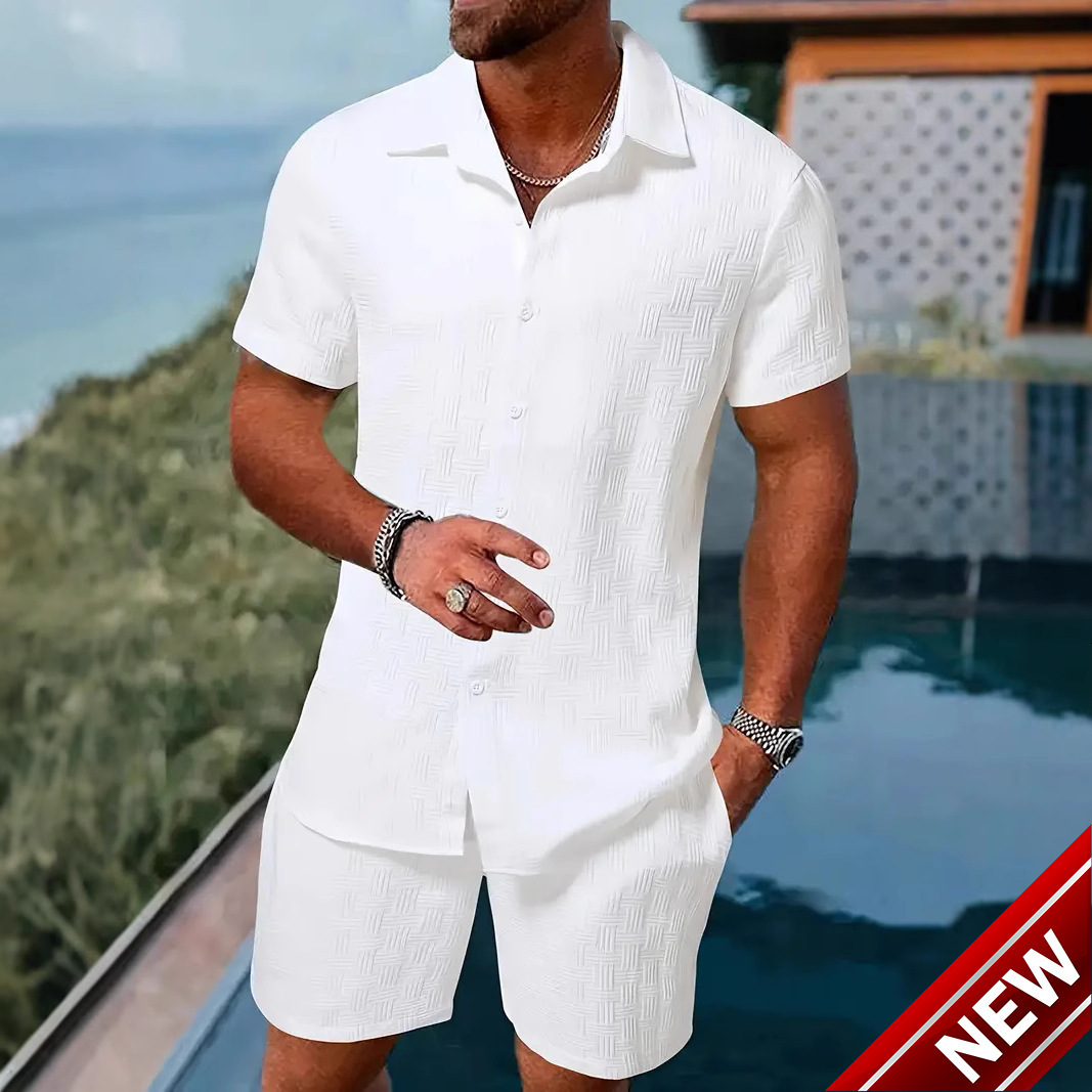 2025 Summer Jacquard Black and White Solid Color Set Short Sleeve Mens Vacation Casual Style Shirt Shorts Two Piece Set