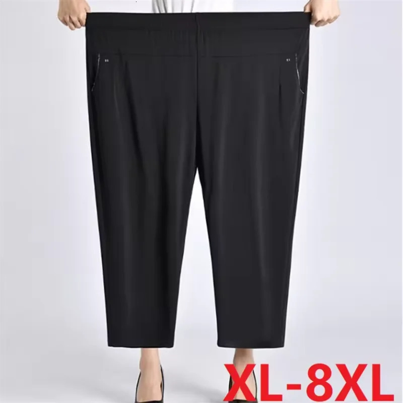 6XL 7XL 8XL womens summer pants plus size elastic high waist casual nine for middleaged and elderly women straight mom 250414