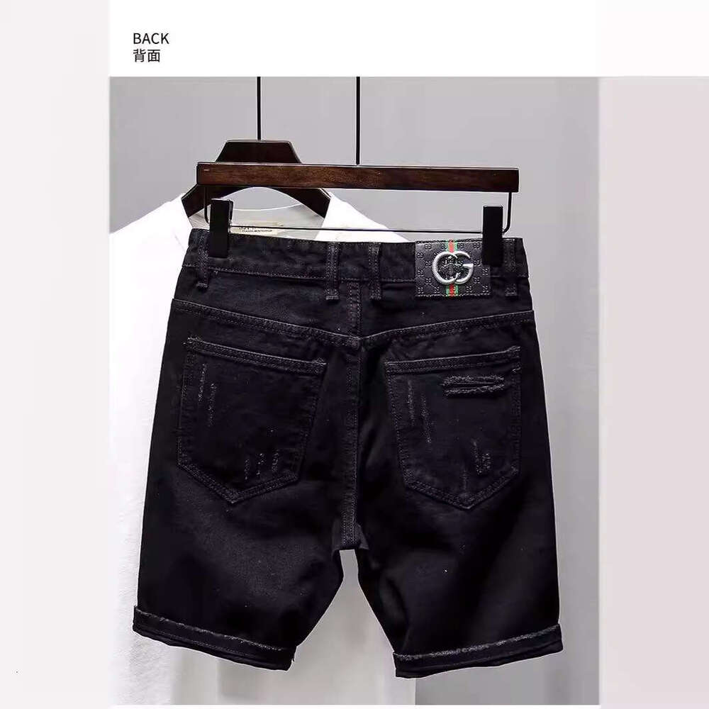 Summer distressed thin denim shorts, men's black versatile, washed slim fit, 5/4 mid length pants, trendy brand youth
