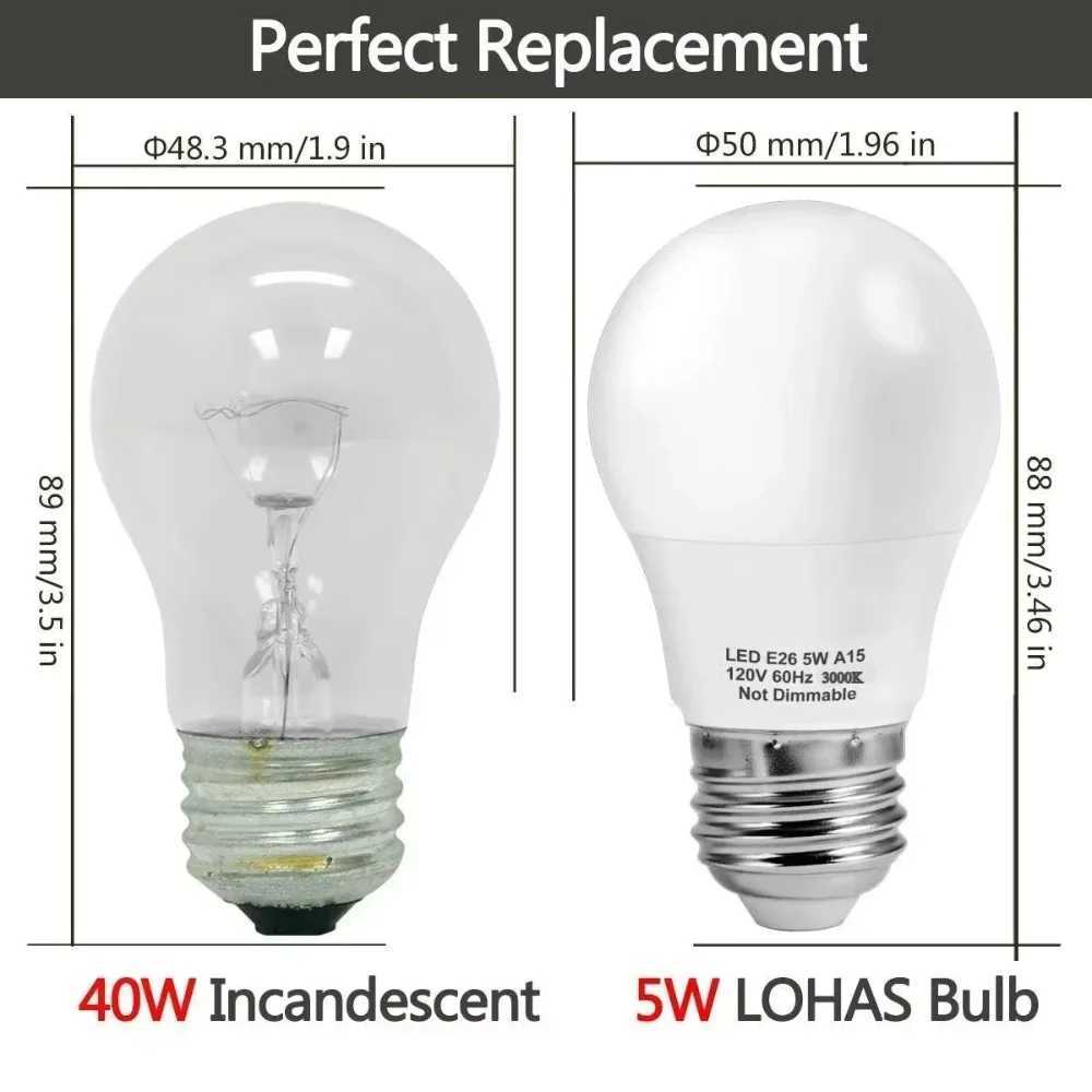 Melery E26 LED Bulb Light 5W Lamp A15 Equivalent 40W 5000K Daylight Warm 3000k Replace Ceiling Fan Refrigerator Appliance 3Pack C251115