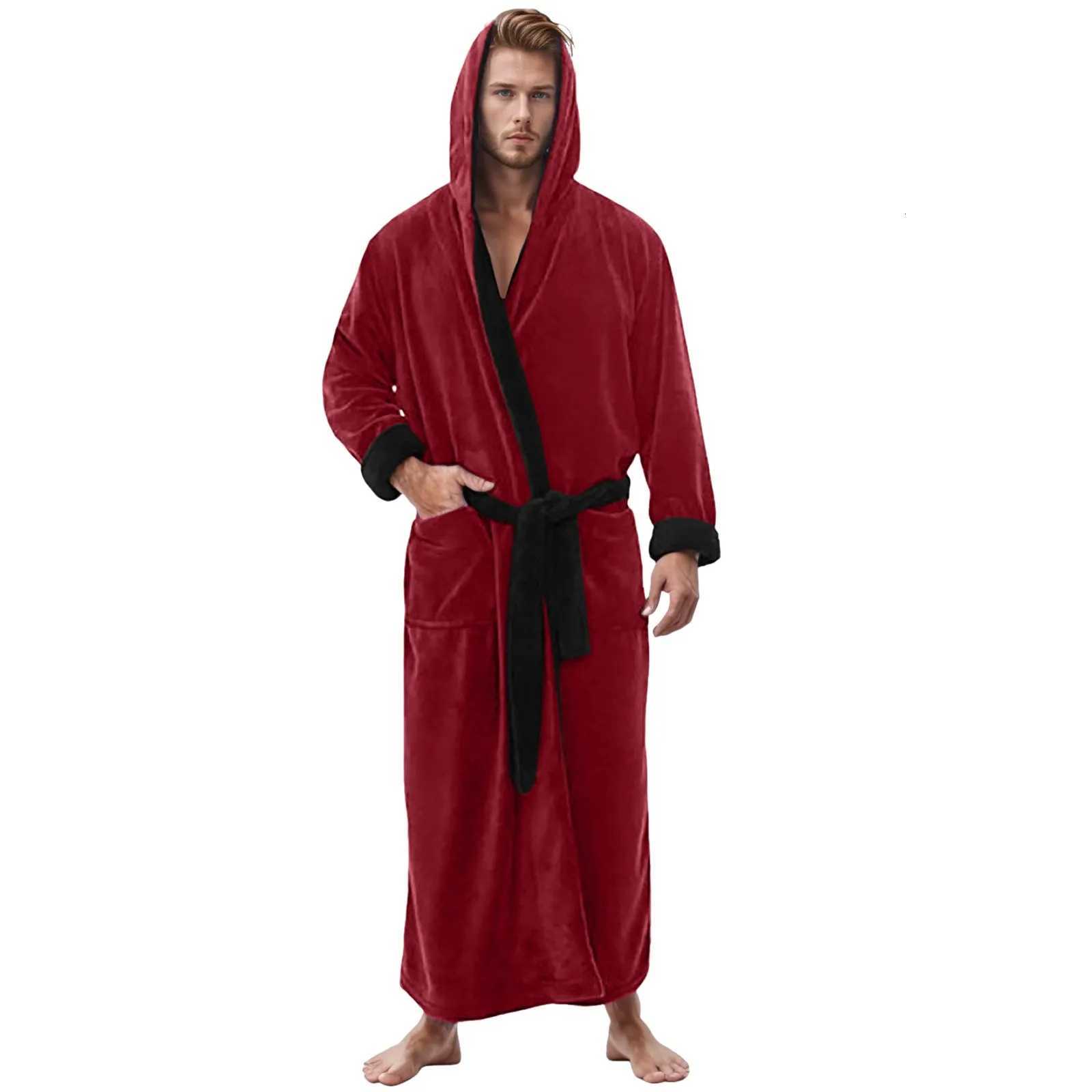 Men Soft Coral Fleece Bathrobes Solid Color Pockets Long Bath Robe Home Gown Sleepwear Plus Size Loose And Comfortable Home Wear C251115