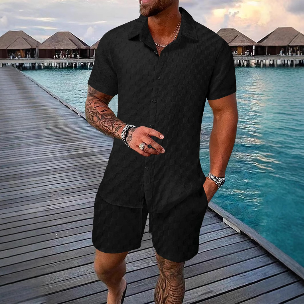Summer fashion mens shirt casual loose vacation beach mens short sleeved set