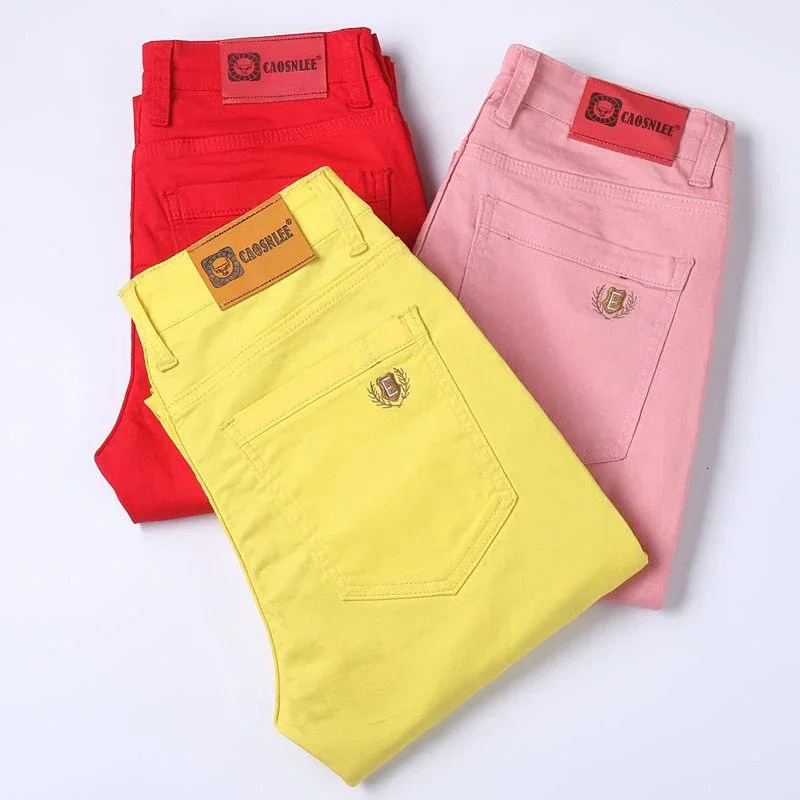 Mens denim pants color pink fashionable business casual classic Trouser mens ultrathin red straight leg 250414Z