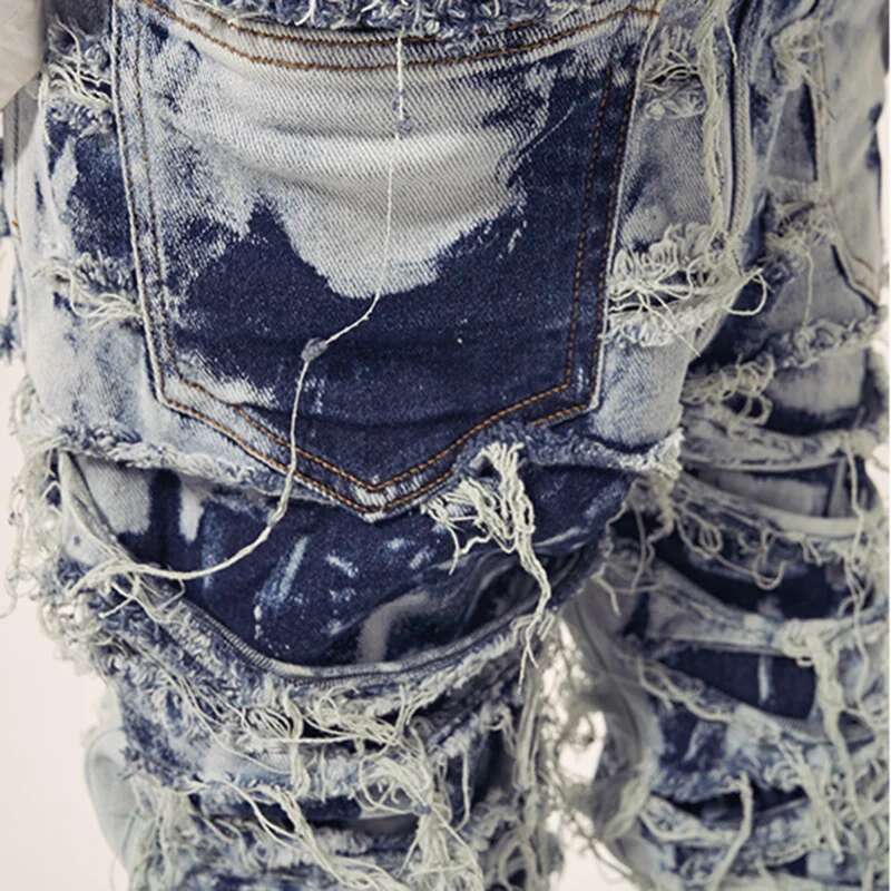 Spring New Men's American Vintage Streetwear Tide Denim Jeans Holes Raw Edge Casual Chic Straight Slim Pants 28A1011