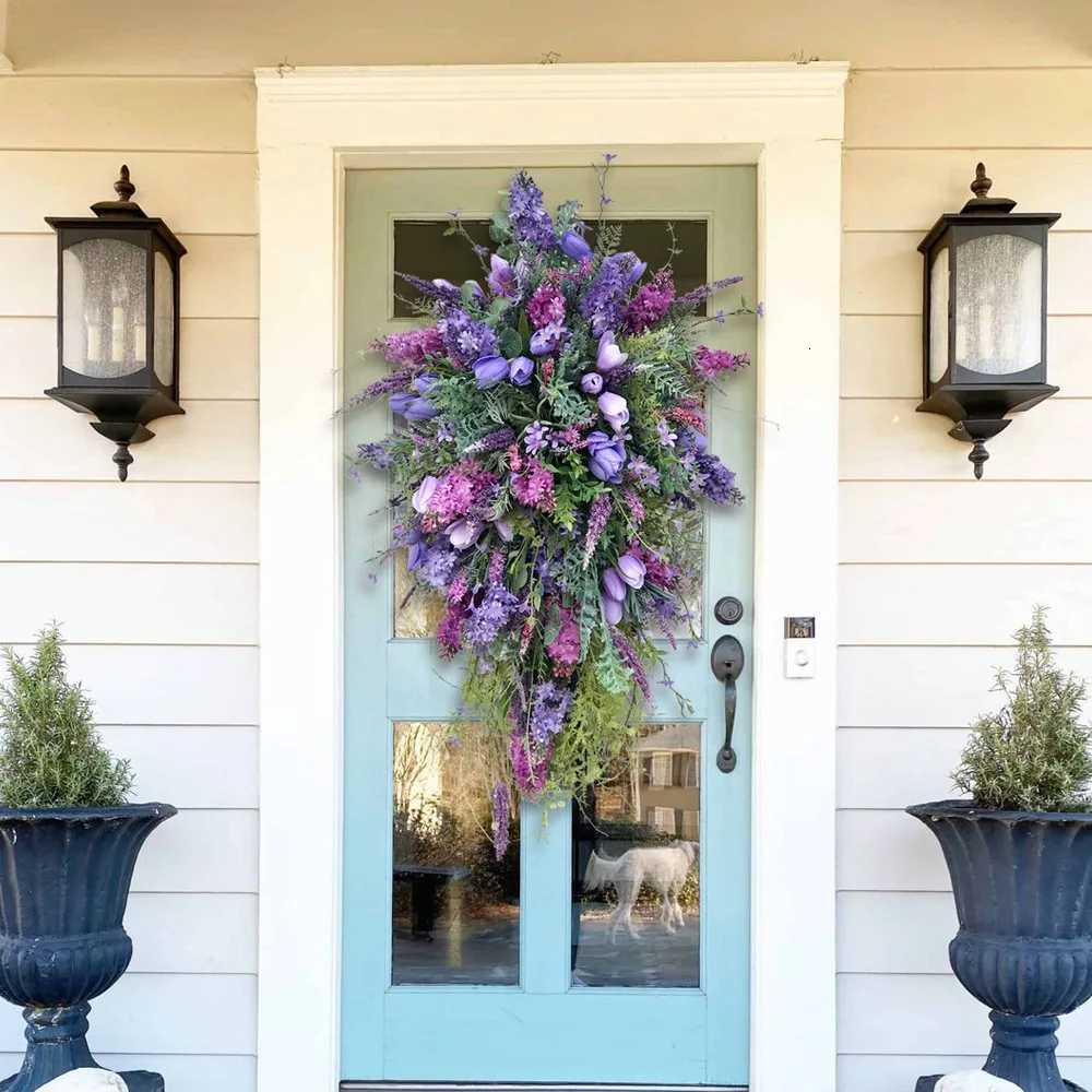 Spring Purple Tulip Wreath Summer Artificial Flower Lavender Garland Home Decoration for Wedding Entrance Garden Front DoorM251115
