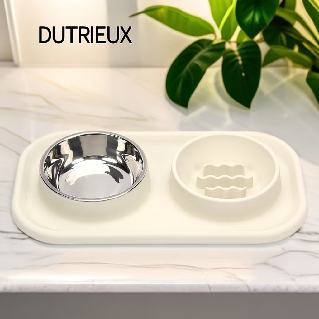 H1438 Affordable double pet bowl, one-piece plastic food bowl, non-slip design, suitable for both eating and drinking, perfect for cats and dogs.