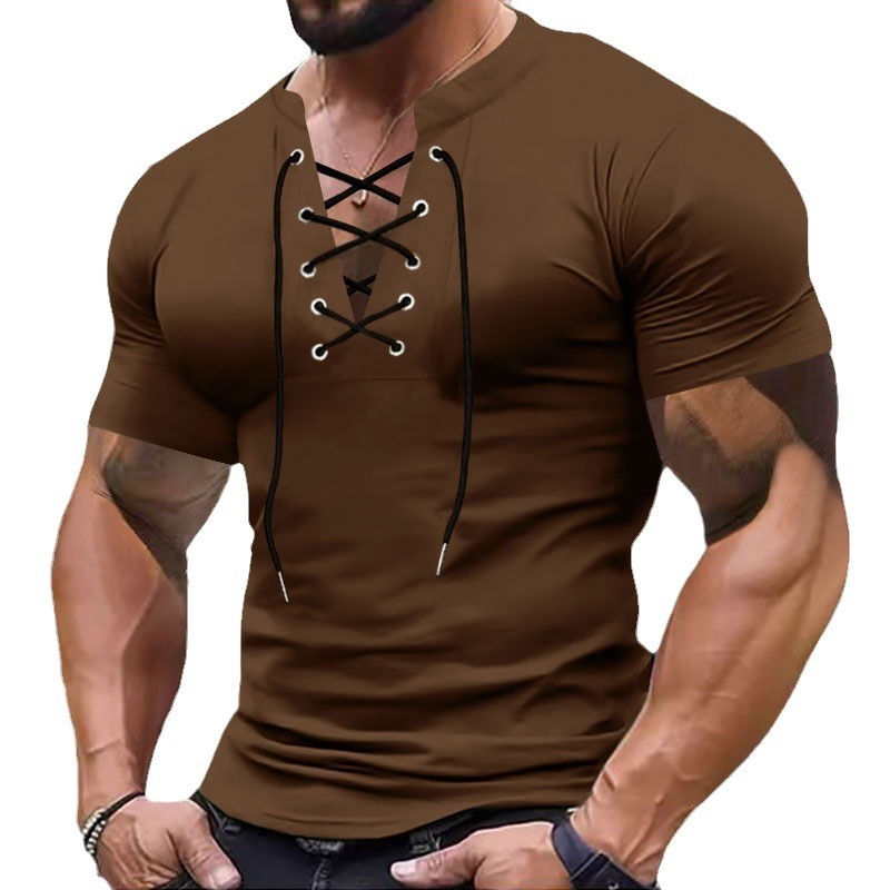 Large size summer men's T-shirt V-neck tie casual sports short sleeved men