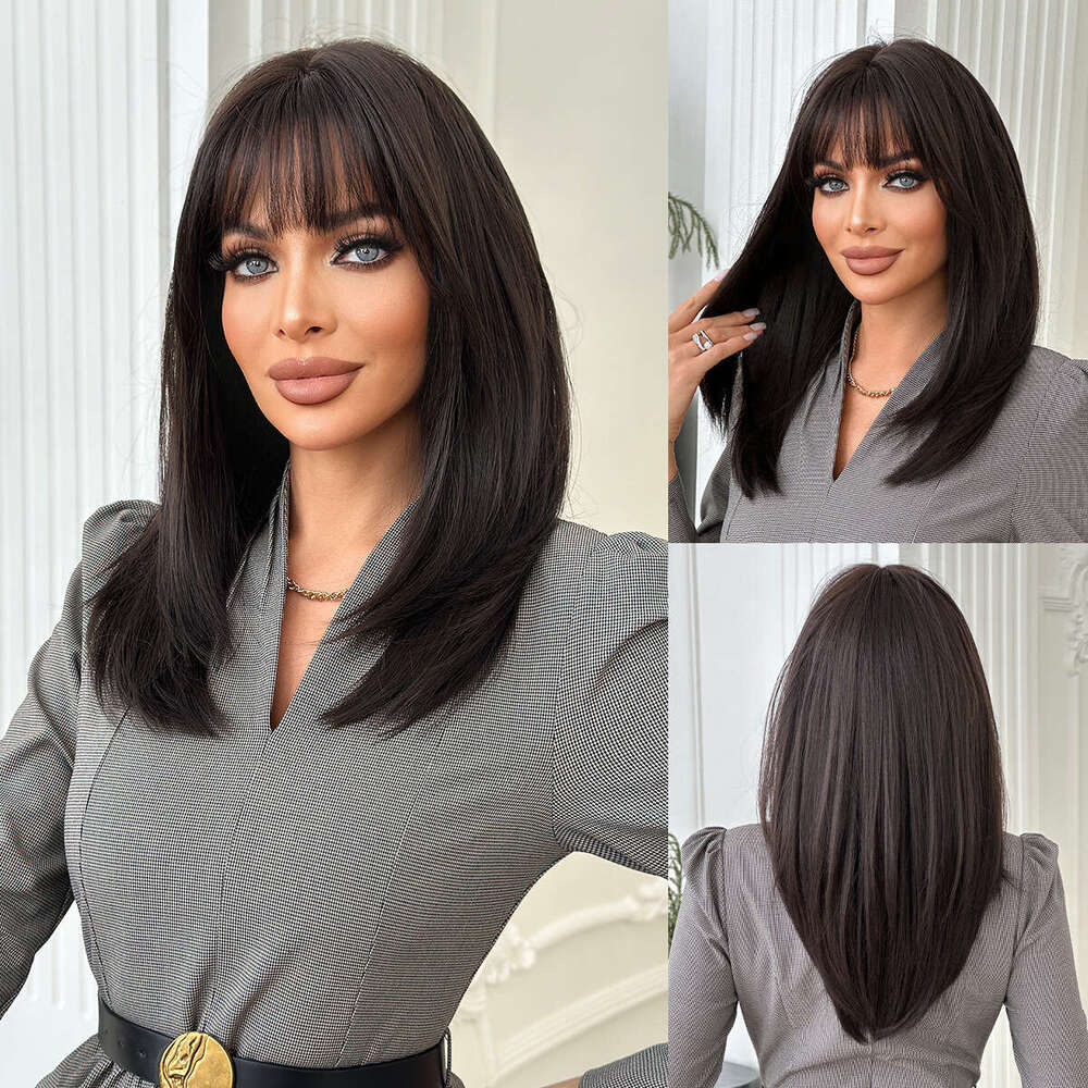 Women's Full Head Layered Black Tea Colored Wig with Air Bangs - Mid Length Straight Hair