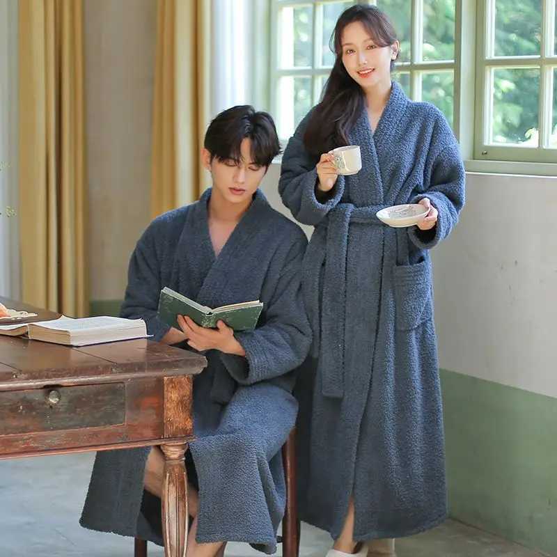 Couple Robe for Men Sleepwear Bathrobe Warm Fleece Pajama 2025 New Winter Night Wears Solid One Piece Nightgown Pocket Homewear C251115