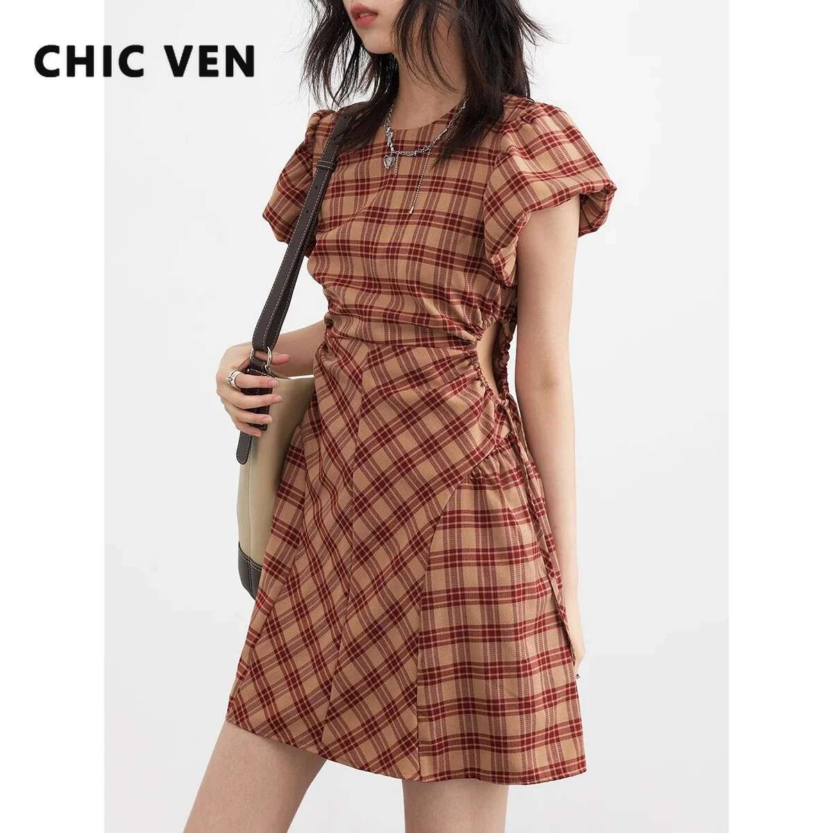 CHIC VEN Korean Style Women Dresses A-E Retro High Waisted Design Plaid Bubble Sleeve Girl Dress Drawstring Woman 2023 Trend