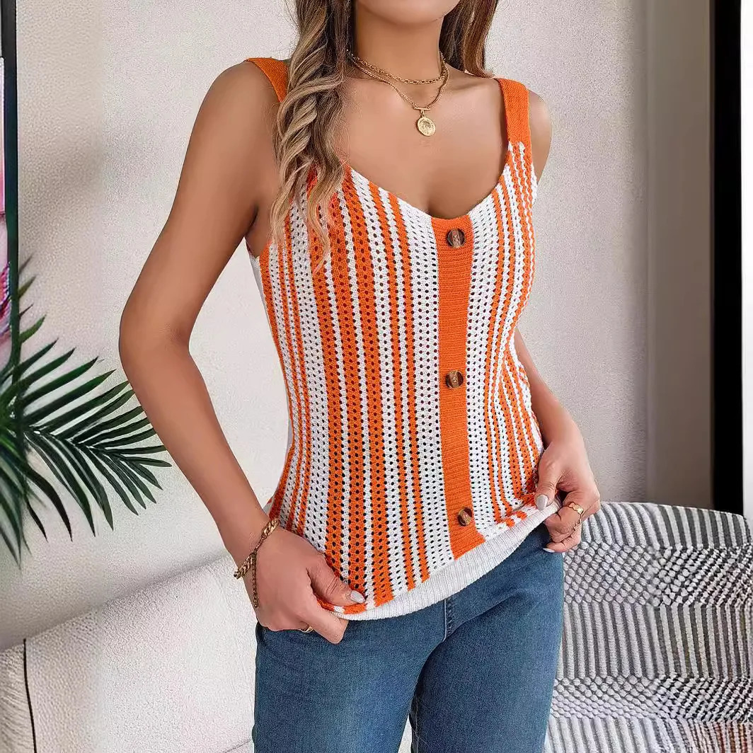 Summer Womens Camisole Stripe V-neck Button-contrast Hollow Ladies Tank Tops Womens Knit Halter Top Sexy Summer Womens Tops 250415