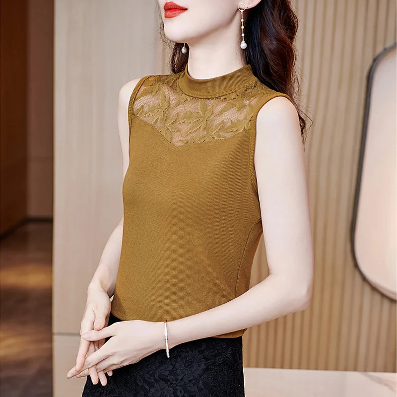 #1209 Lace Half High Collar Tank Top Women Hollow Out Sexy Tight Short Top Sleeveless T-shirt Female Outerwear Basic Top Summer 250415