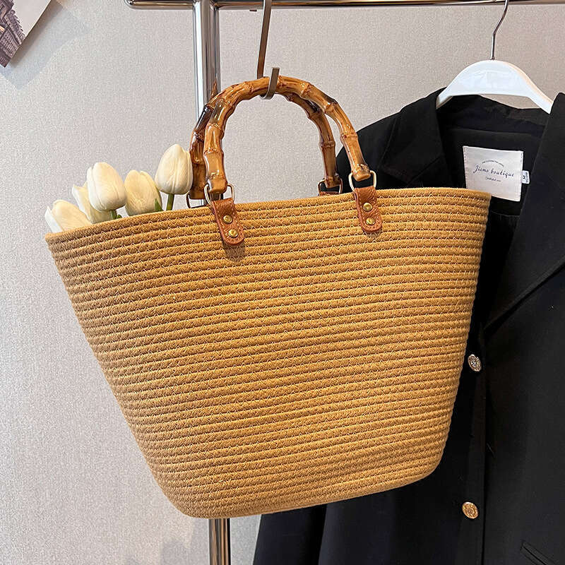 Handmade Beach Bag Striped High-Capacity Cotton Thread New Imitation Bamboo Joint French Grass Woven Portable Beach Bag, Women's Bag Kq2