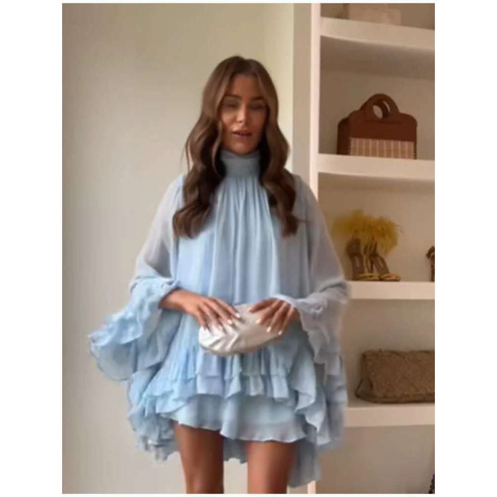 Elegant Ruffles Hem Blue Mini Dress Women Fashion Flare Full Sleeve V Neck Lace Up Short Dresses Summer 2025 Casual Holiday Robe