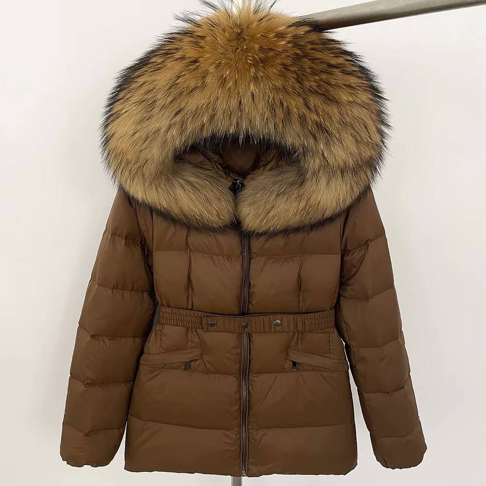 OFTBUY 2024 Womens Winter Jacket Natural White Duck Coat with Raccoon Fox Fur Collar Thick Warm Casual Outerwear Windproof Belt