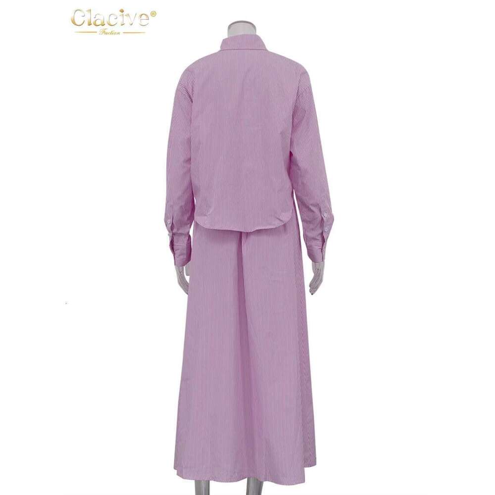 Clacive Fashion Pink Stripe 2 Piece Women Outfit Elegant Sleeve Shirt With High Waist Long Skirts Set Female Streetwear