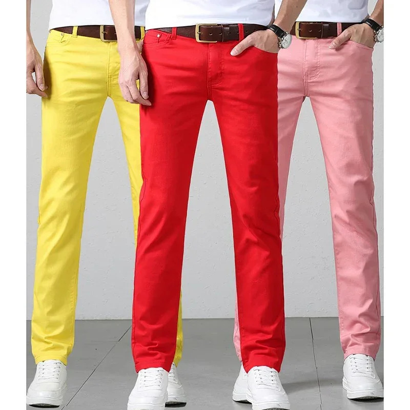 Mens denim pants color pink fashionable business casual classic Trouser mens ultrathin red straight leg 250414Z