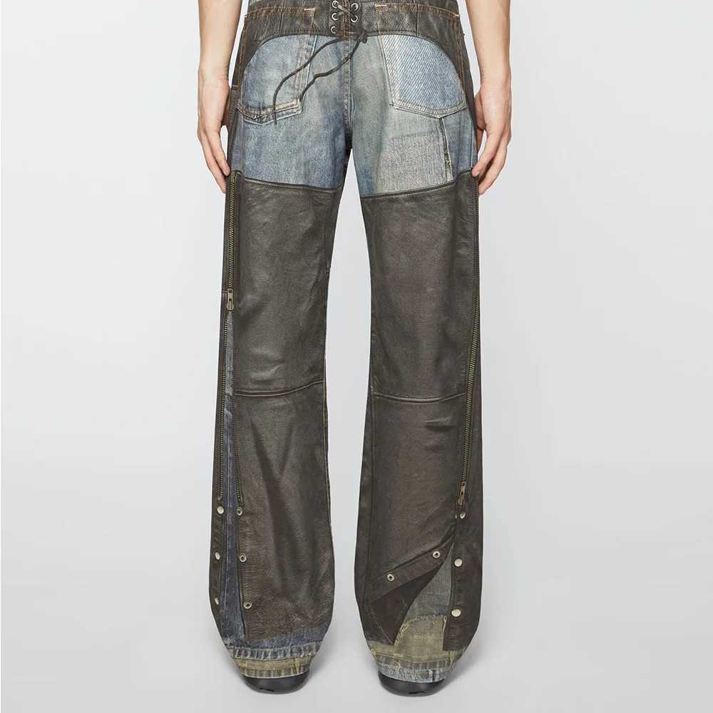 High purity Pu leather patch work bag jeans mens and womens side buttons Striaght casual loose denim oversized X250415