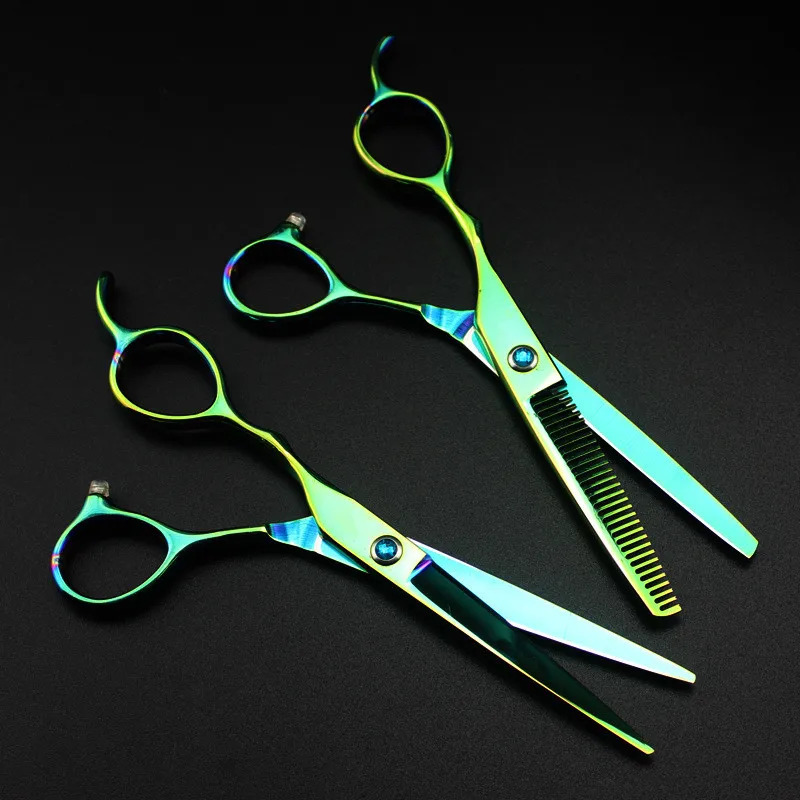 professional Japan 440c left handed 6 green hair scissors haircut thinning barber makas cutting shears hairdresser scissors 250414