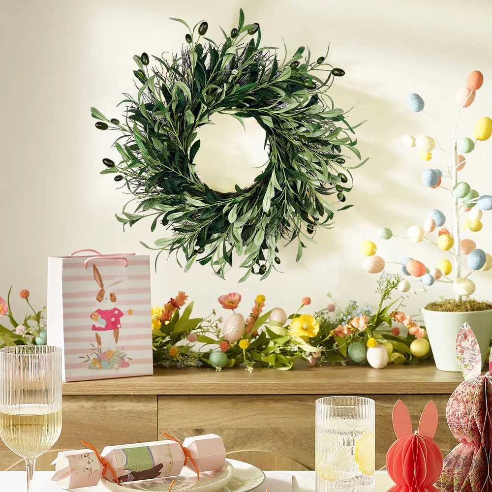 45cm Artificial Green Olive Wreath Greenery Wreath with Olive Leaves Olive Bean for Front Door Farmhouse Home Wall Window DecorM251115