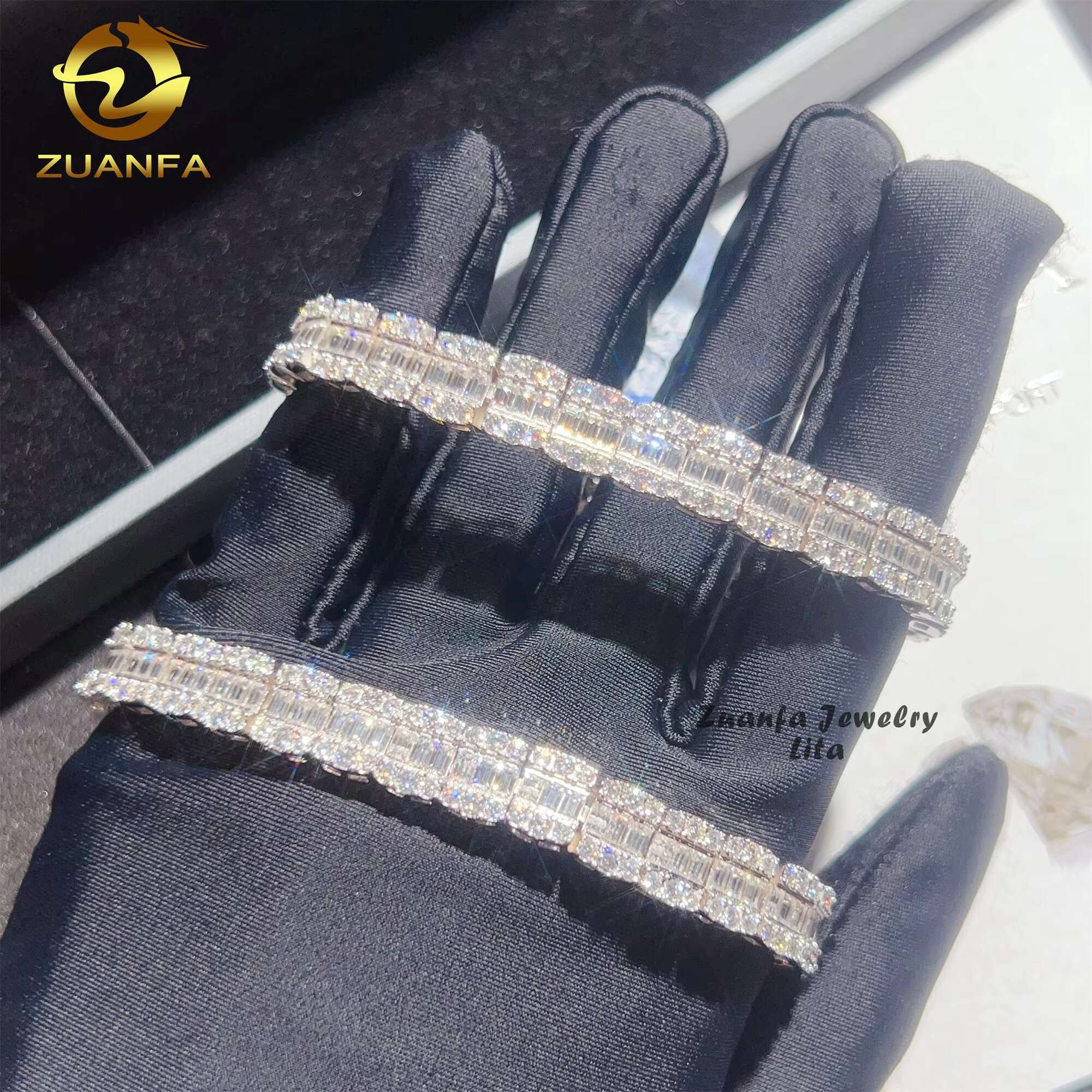 Luxury Design Baguette Diamond Hip Hop 8MM Moissanite Tennis Chain 925 Silver Cuban Link Chain Bracelet