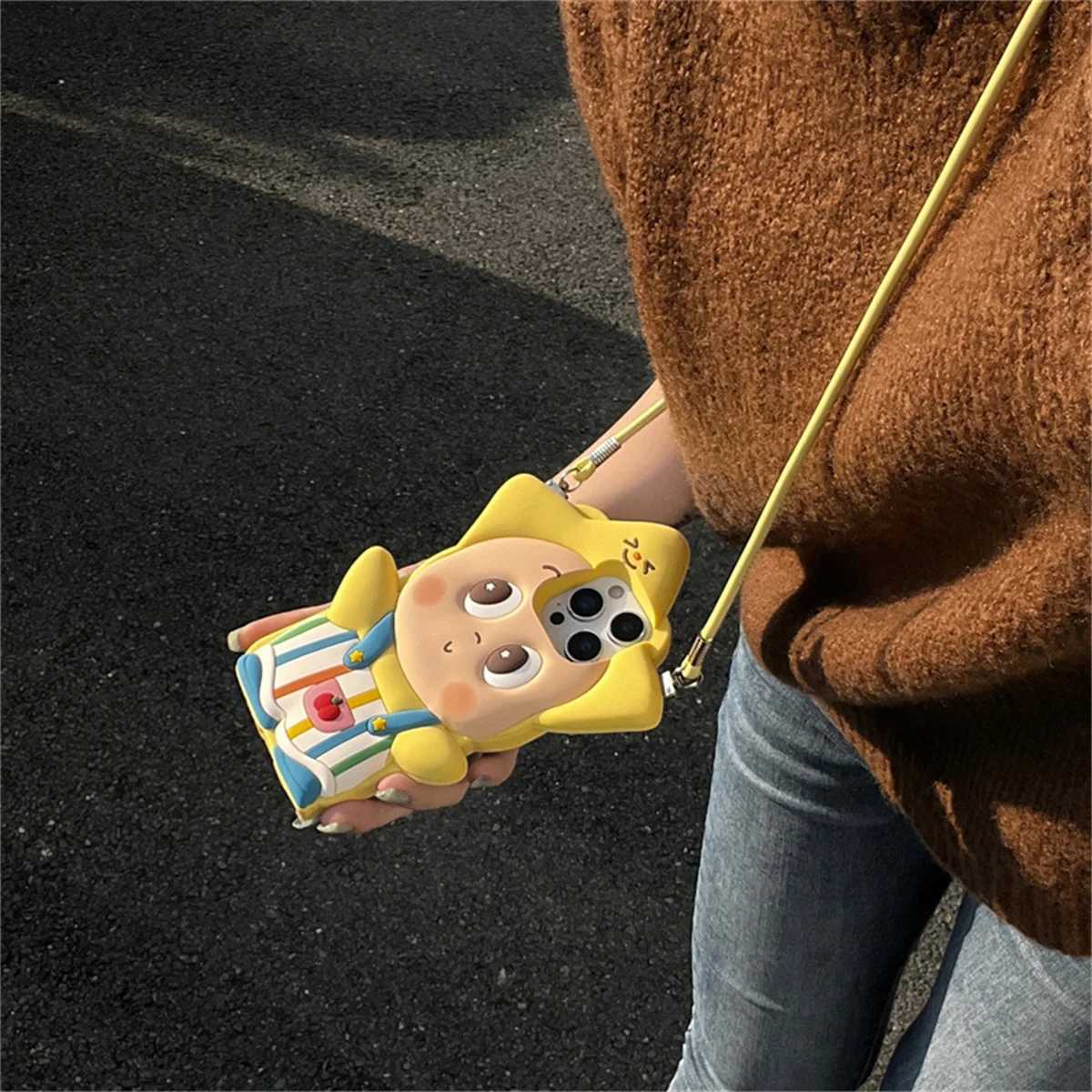 Kawaii Cartoon Star Baby Phone Case For iPhone 17 Pro 13 12 14 15 16 Pro Max Cover with Lanyard Soft Silicone Cute Cases J251202