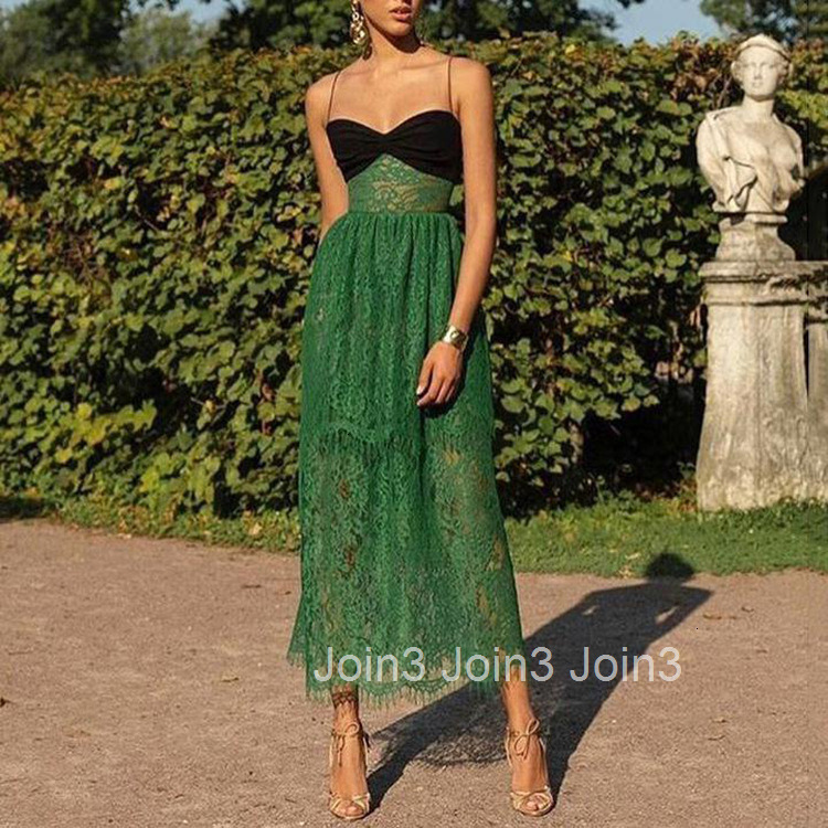 2025 Summer New Womens Dress with Strap Sexy Lace Green Hollow Out Vacation Multi Layer Long Dress