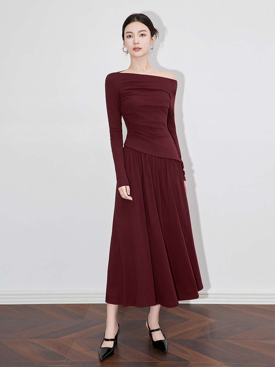 K81500 High Quality French Elegant Angora Red Design One Shoulder Long Sleeve Top + Skirt