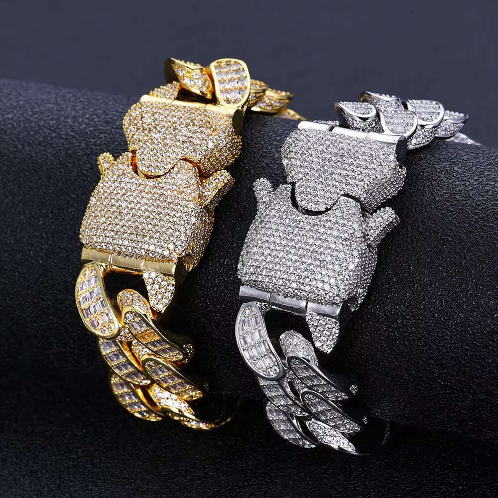 Hip Hop Jewelry White Gold Prong Miami Cuban Link Chain for Women 15mm 2 Rows Iced Out Diamond Prong Cuban Chain Bracelet