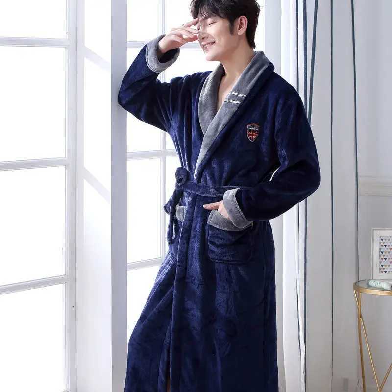 Belt Robe for Men Sleepwear Bathrobe Winter Night Wears Warm Fleece Pajama Solid One Piece Nightgown Pocket Homewear 2025 New C251115
