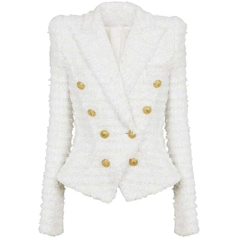 JAMERARY Double Breasted White Jackets Coats Women Tweed Sets Golden Button Tassels Blazer Wide Leg Short Pants Suits