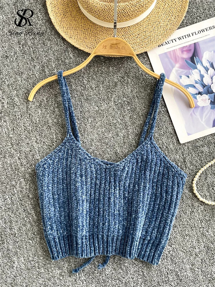 SINGREENY Womens Korean Style Sexy Knitted Camis Fashion V-neck Shoulder Short Camis Womens Lace Solid Street Clothing Camisol 250415