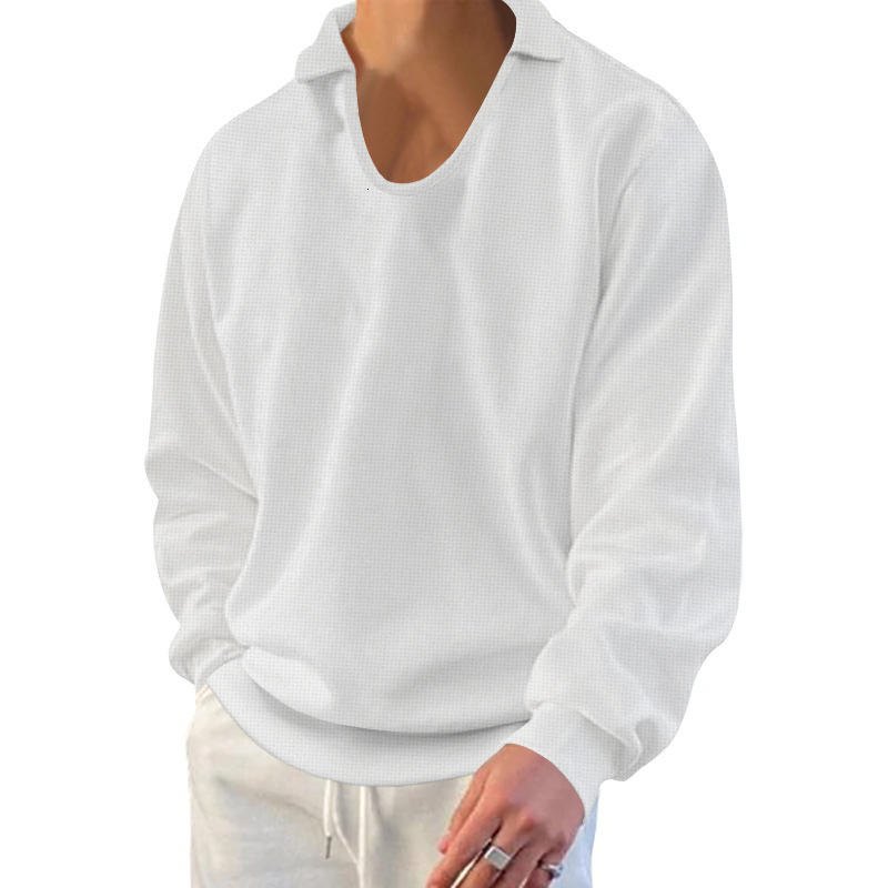 2025 Spring and Autumn New Men's Polo Long Sleeve T-shirt Fashionable Slimming Waffle V-neck Loose Top
