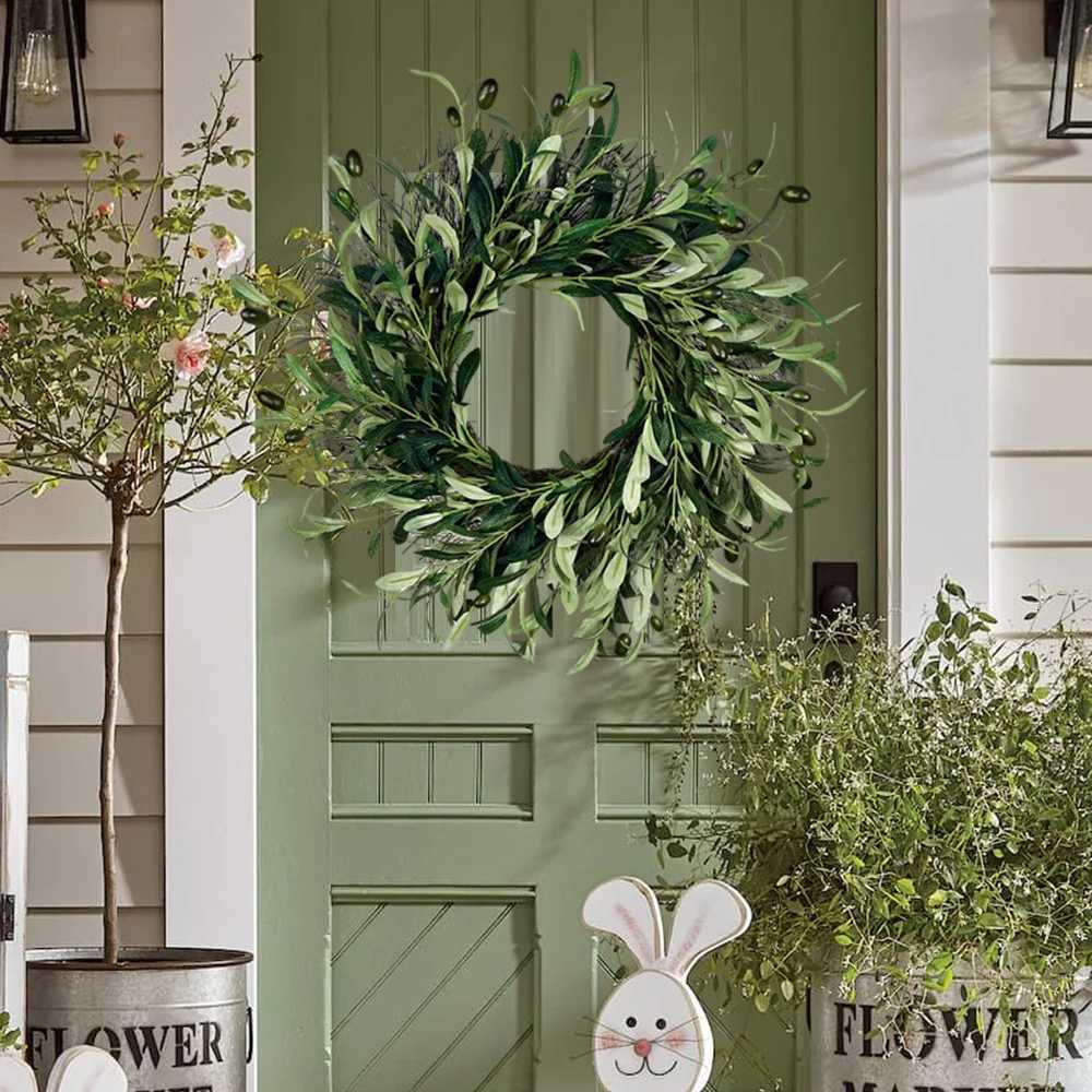45cm Artificial Green Olive Wreath Greenery Wreath with Olive Leaves Olive Bean for Front Door Farmhouse Home Wall Window DecorM251115