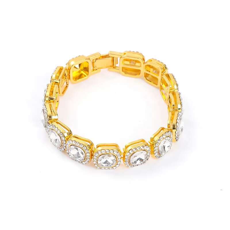 DHcollection Renqing Hot Sell Sier Gold Metal Hip Hop Alloy With Glass 12mm square Cuban Chain Bracelet for Women Men