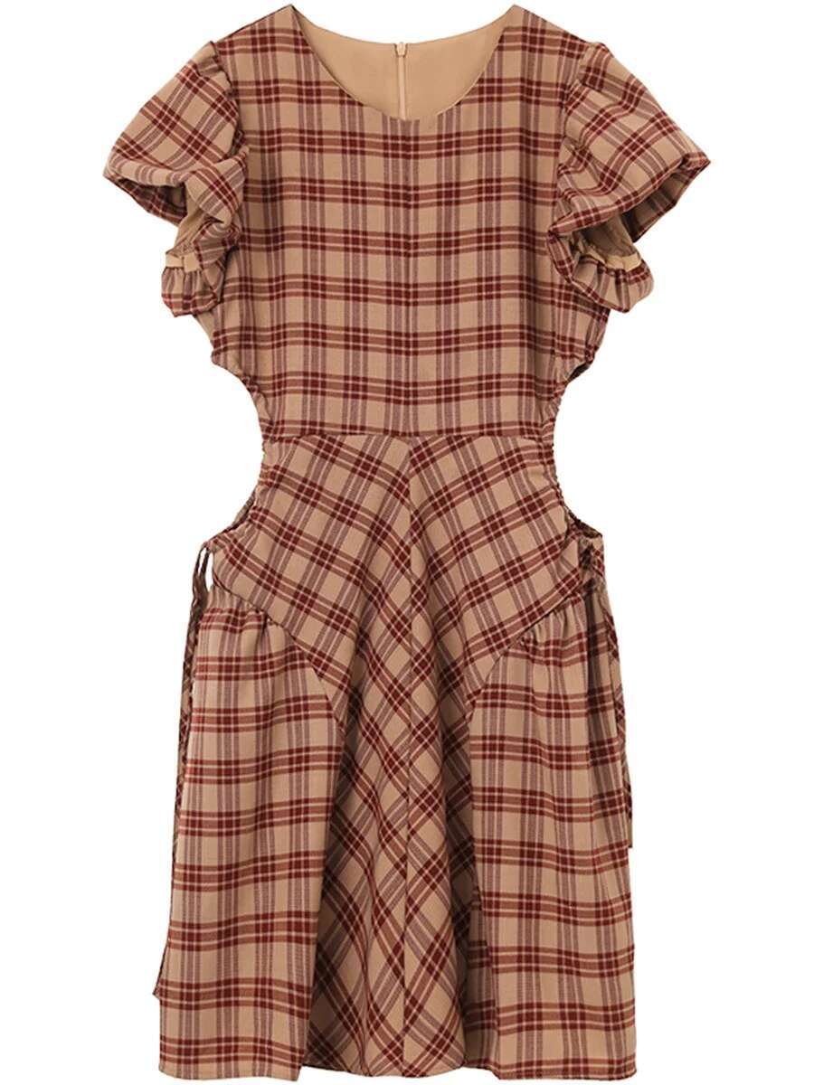 CHIC VEN Korean Style Women Dresses A-E Retro High Waisted Design Plaid Bubble Sleeve Girl Dress Drawstring Woman 2023 Trend