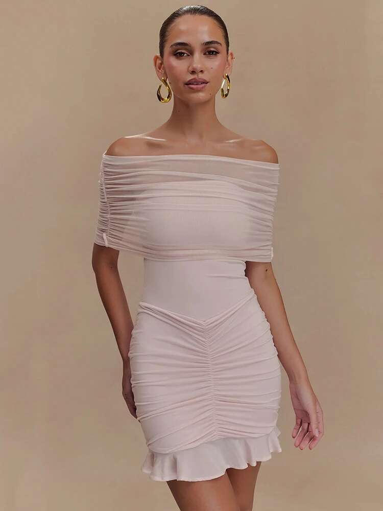 Mozision Mesh Strapless Off-shoulder Sexy Ruffled Mini For Women Fashion Backless High Waist Female Ruched Party Dress