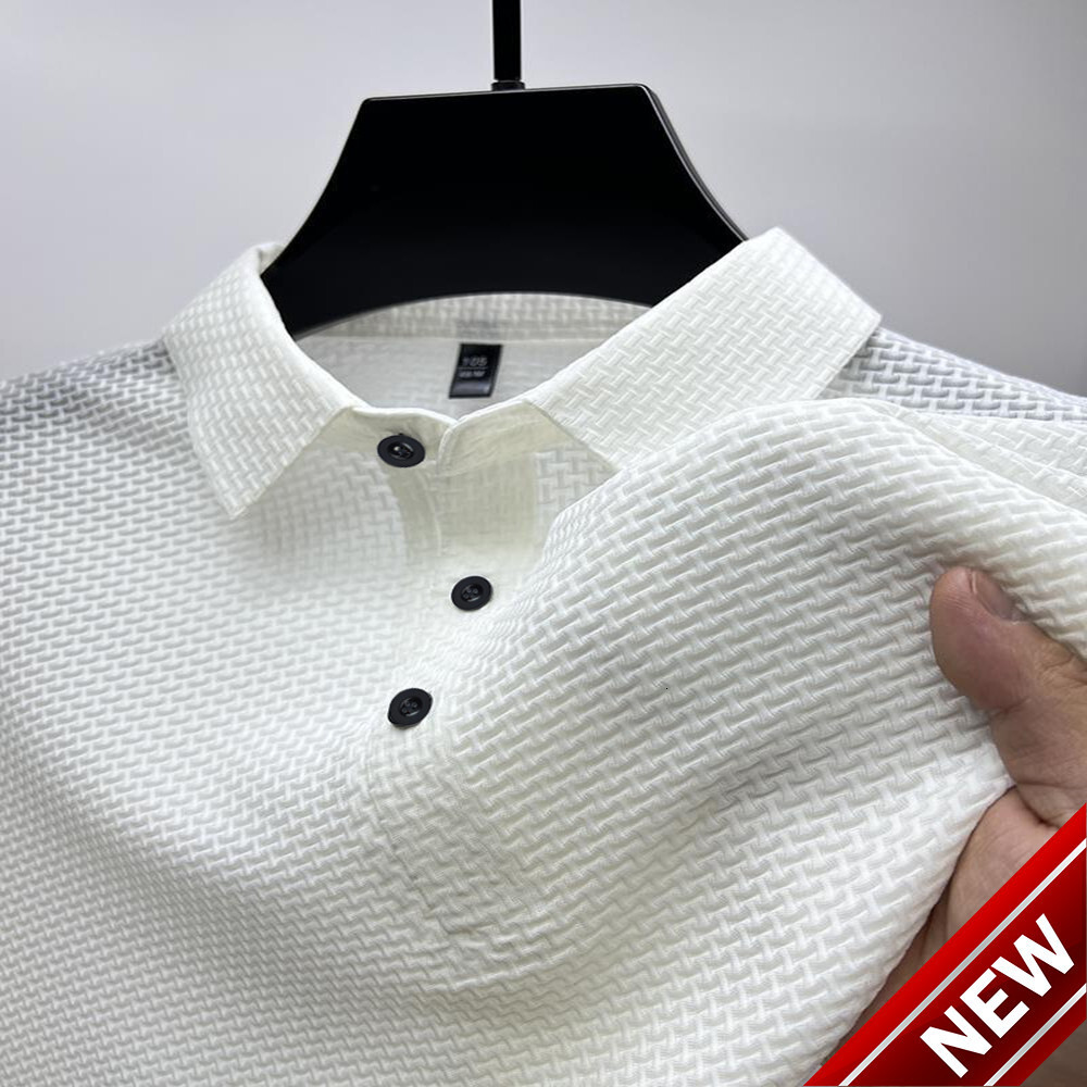 Instagram High end Mesh Ice Silk Short sleeved T-shirt Mens Shirt Collar Summer Solid Color New Sliding Material Polo