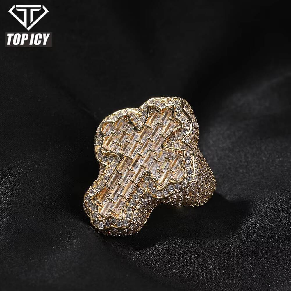Top Icy Wholesale Trend Hip Hop Iced Out Cross Rings Fashion Jewelry 18K Gold Plated Baguette Ring for Men Women