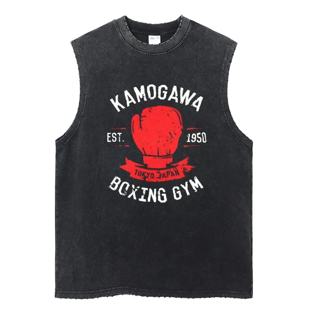 Harajuku Streetwear Washed Anime Print Tank Tops Fashion Ripped Casual Vest Men Summer Sleeveless Cotton Vintage Vest Tee Unisex 250415