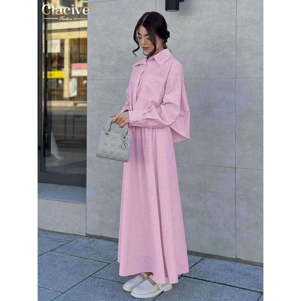 Clacive Fashion Pink Stripe 2 Piece Women Outfit Elegant Sleeve Shirt With High Waist Long Skirts Set Female Streetwear
