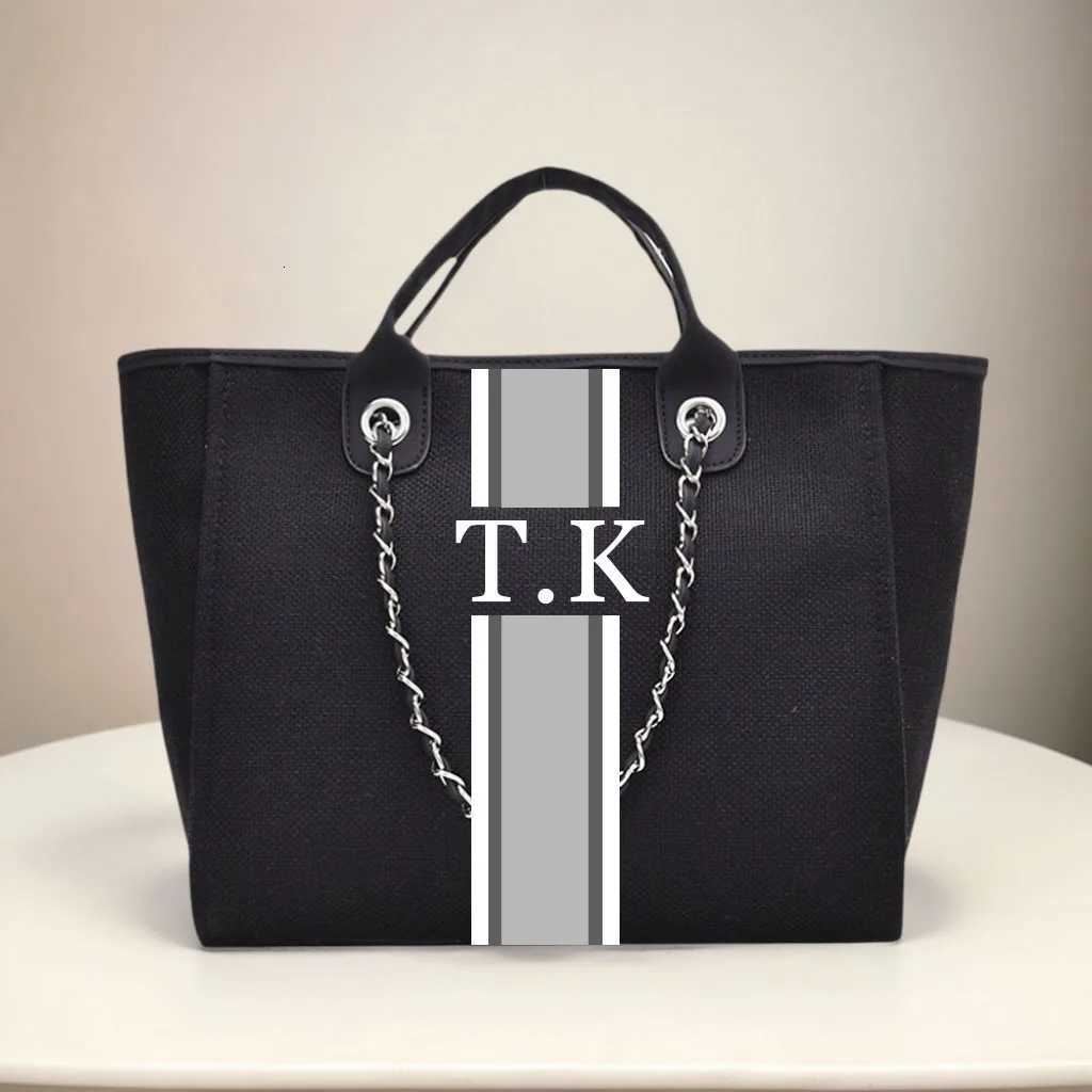Personalized Monogram Tote Bag Customised Chain Handbag White Stripe Initials Beach Holiday Canvas Tote Womens BagW251115