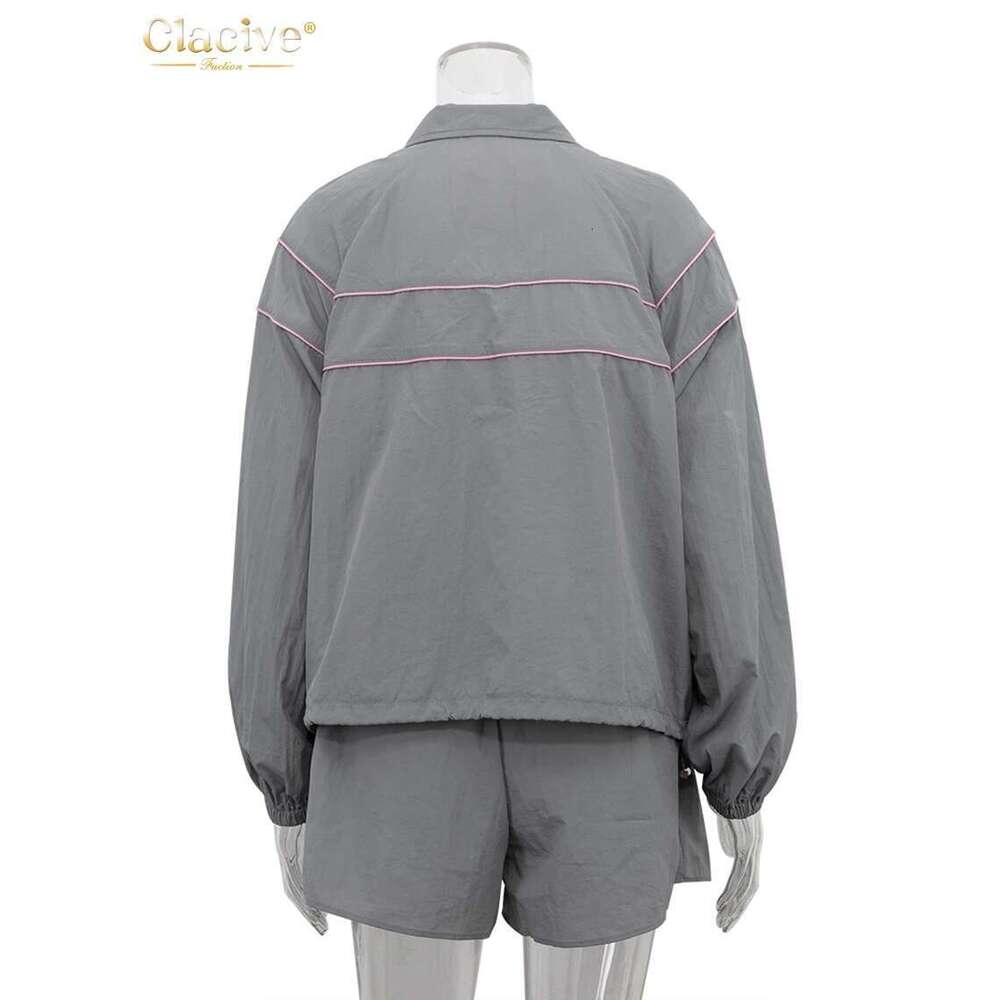 Clacive Fashion Loose Gray 2 Piece Sets Women Outfit 2024 Elegant Long Sleeve Shirt With High Waist Shorts Set Female Streetwear