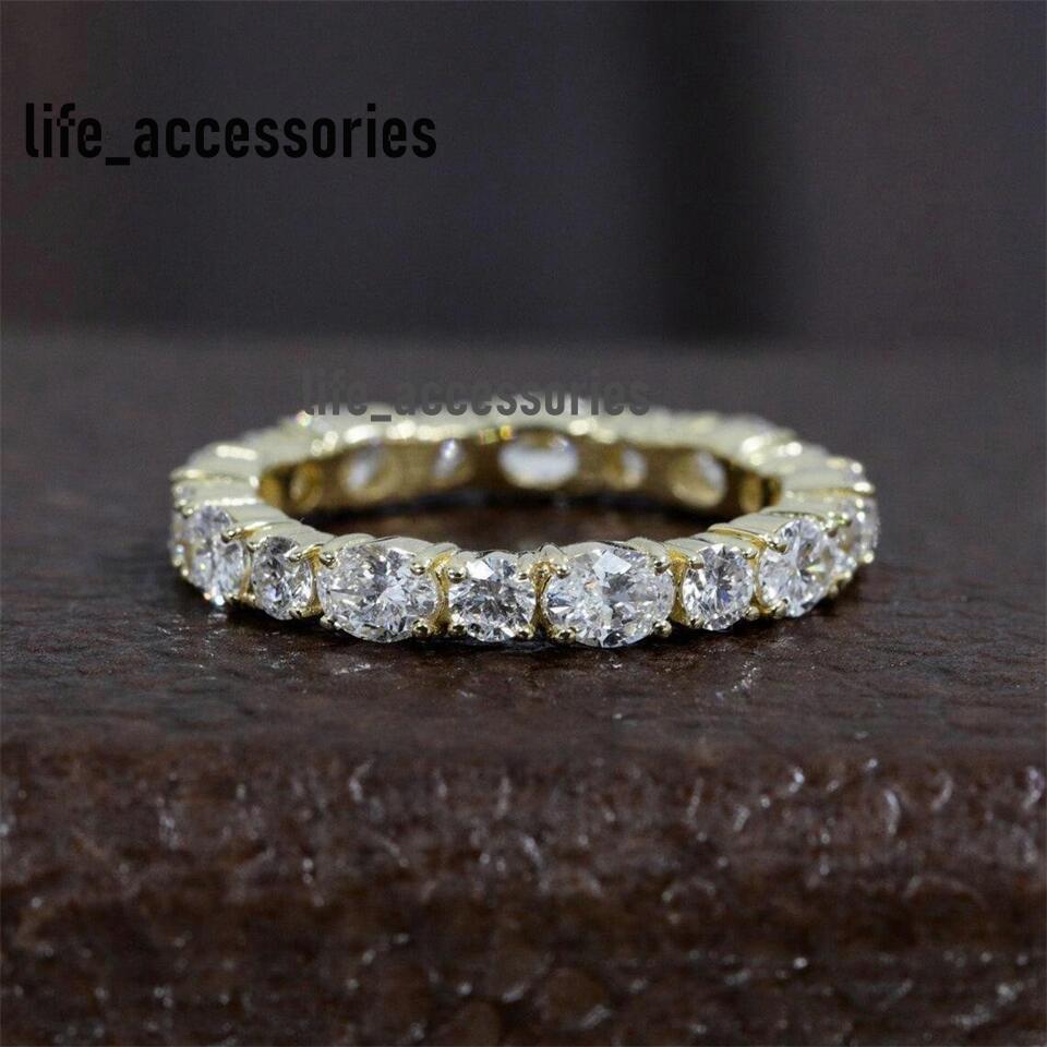 Jewelry 18K Yellow Real Gold 4*3mm Oval-Round 2.5mm Cut Lab Diamond Full Eternity Band Anniversary Wedding Ring For Women