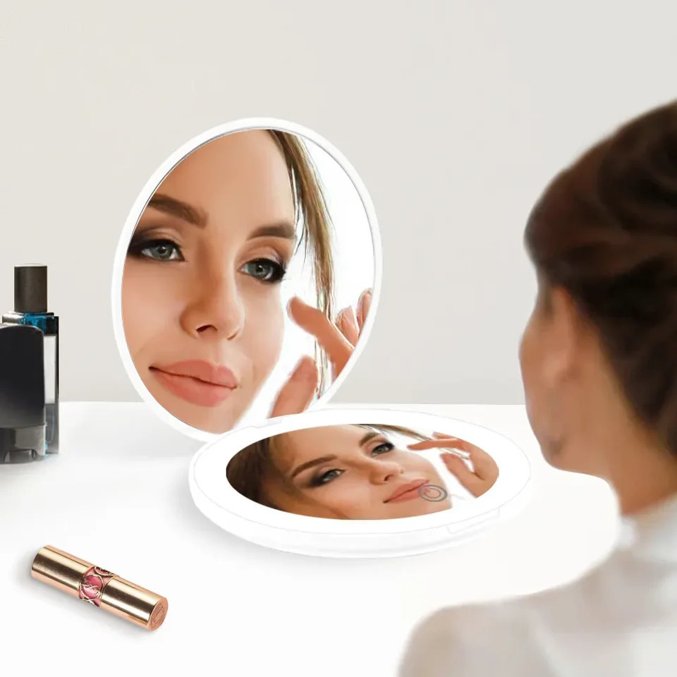 1X10X Magnification LED Pocket Compact Cosmetic Mirror Rechargeable Slim Travel Makeup Mirror with Lights Portable Double Sided 250415