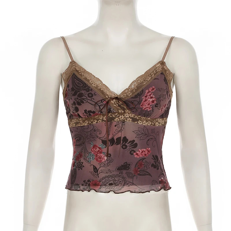 SUCHCUTE Retro Printed Mesh Camisol Fairycore Lace Up Vneck Crop Top Y2K Aesthetics 2000s Summer Slim 250414Z