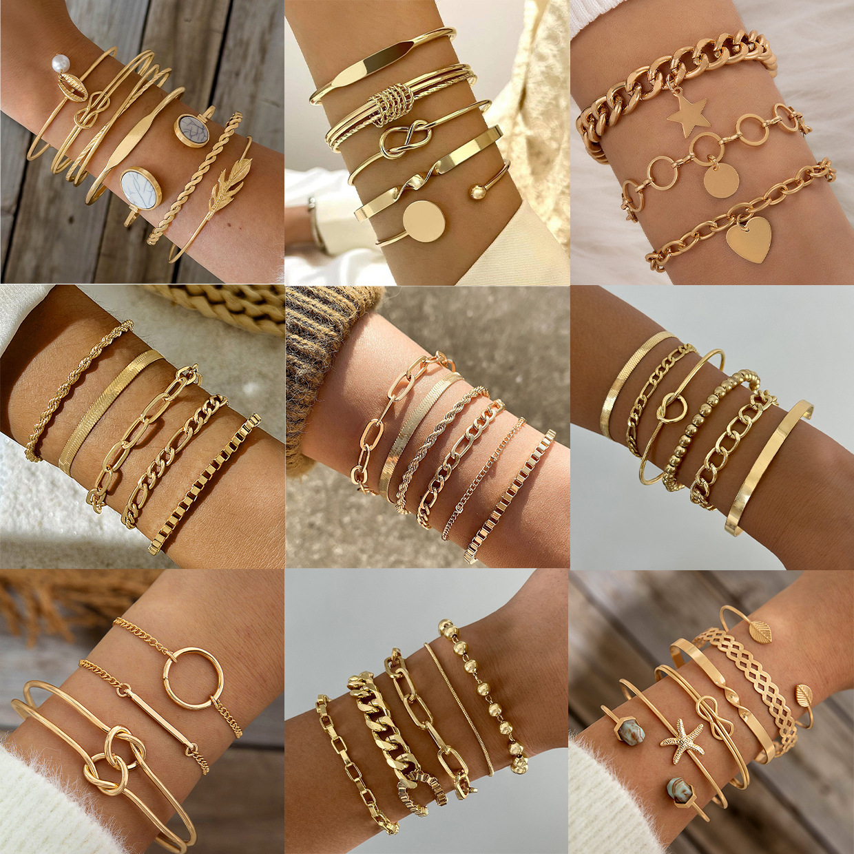 Gold Stackable Cuban Chain Set Women's Fashion Paper Clip Chain Bracelet Gold Plated Adjustable Bracelet Holiday Gift Women's Jewelry Gift