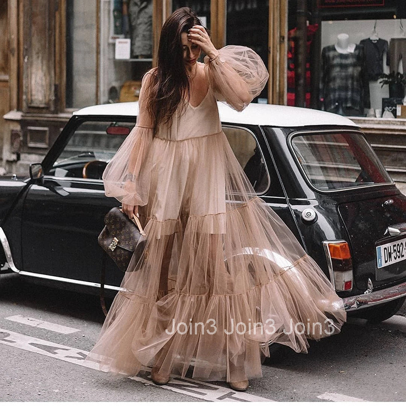 2025 Summer New Womens V-neck Fashion Bubble Sleeve Mesh Transparent Dress Long Skirt