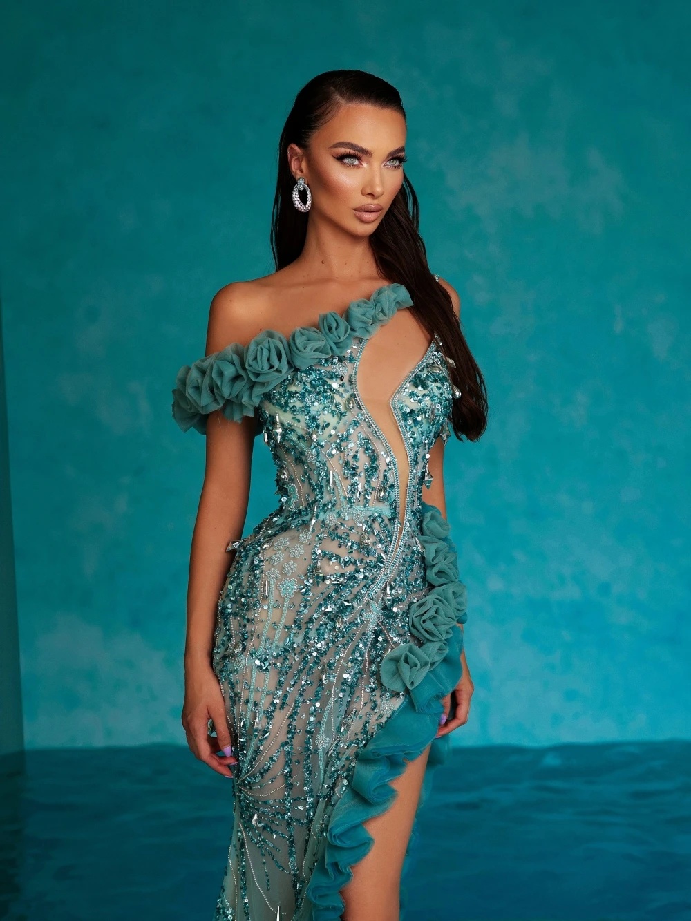 Sexy High Side Slit Evening Dress Sequined Beads Mermaid Party Gown Customized One Shoulder Prom Dresses