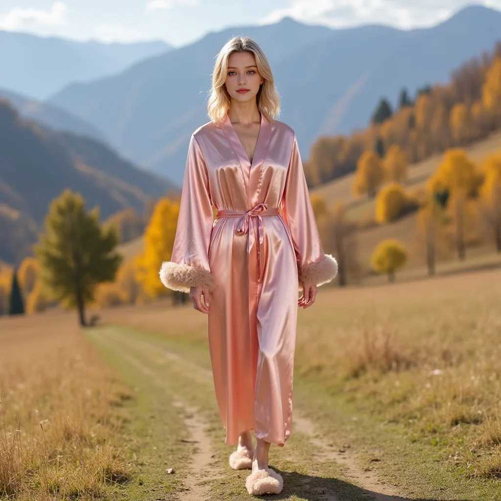 Womens Satin Robes Full Length Kimono Long Sleeve Silk Bathrobe Cuff Fur Trim Long Belted Robes Bridesmaids Bride Sleepwear C251115